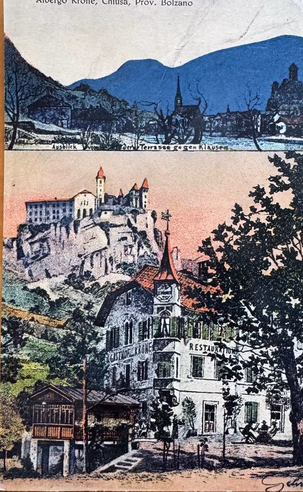 Historische Postkarte: Blick von der Terrasse gegen Klausen und der Gasthof Krone